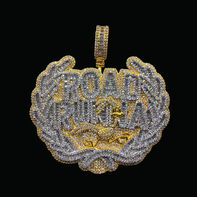 Road Runna Two Tone Badge Iced Out Letter Pendant Necklace – Custom Hip Hop Jewelry for Men - CaratixJewelry